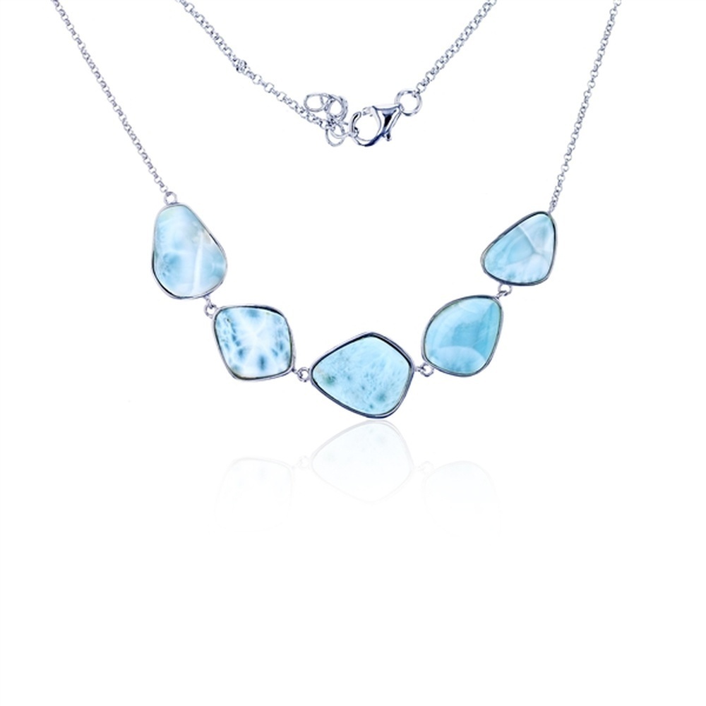 925 Sterling  Silver Five Larimar Stone Necklace 17.5"+ 0.5" Lobster Lock 23 gm
